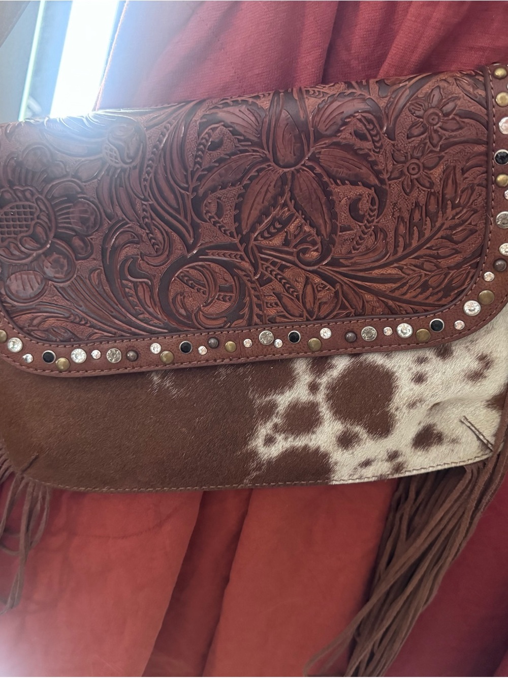 Tooled Leather & Cowhide Fringe Crossbody Bag - Brown